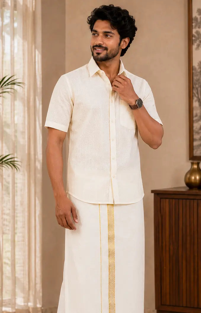 Royal Gold Tissue Matching Set (Shirt & Dhoti) Premium Ethnic Collection : Embossed Wave Pattern