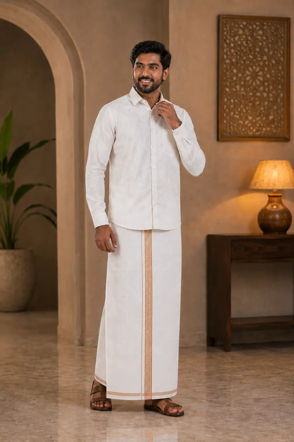 Premium Copper Tissue Jacquard Grid pattern Shirt with Matching Dhoti Set