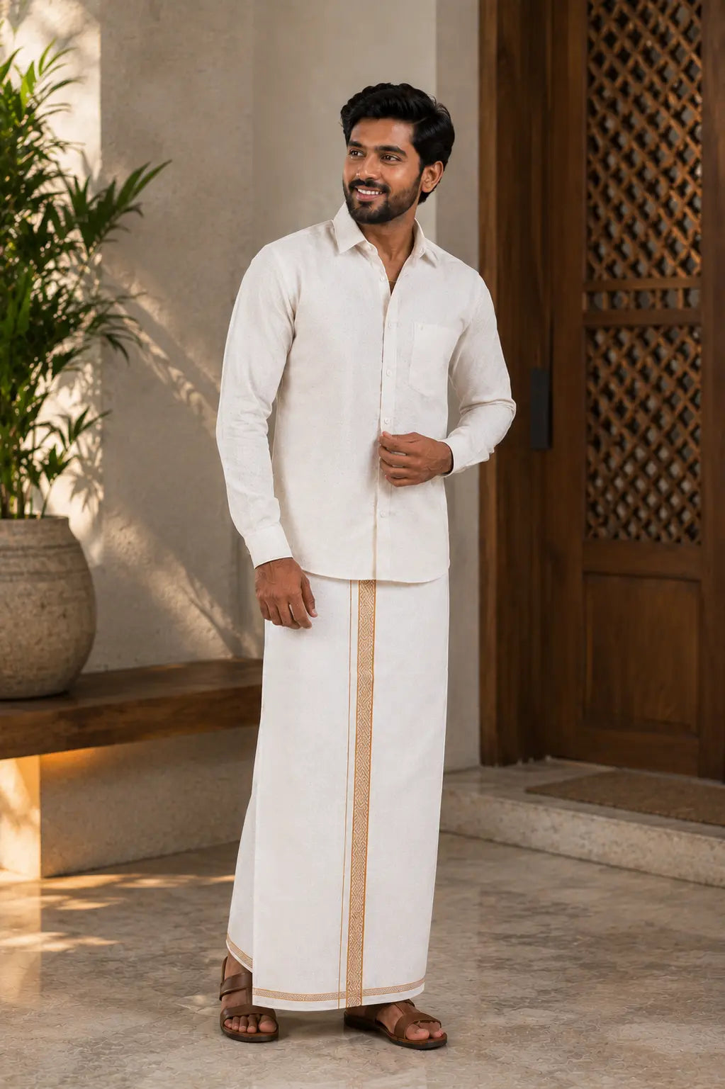 Premium Copper Tissue Jacquard Matrix pattern Shirt with Matching Dhoti Set
