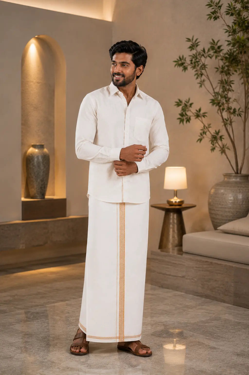Premium Copper Tissue Jacquard Wave pattern Shirt with Matching Dhoti Set
