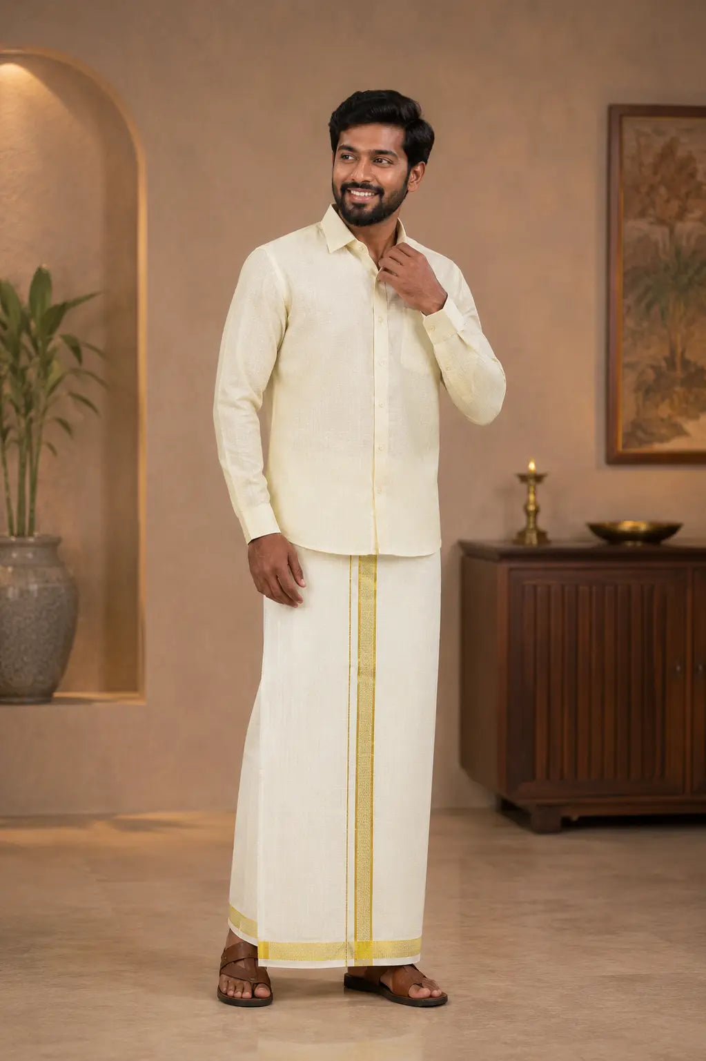 Royal Gold Tissue Matching Set (Shirt & Dhoti) Premium Ethnic Collection : Jacquard Grid Pattern