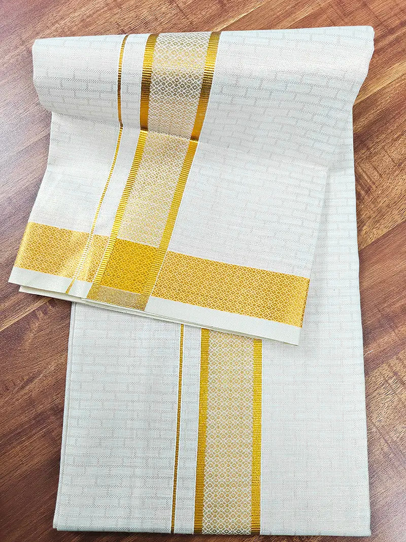 Royal Gold Tissue Matching Set (Shirt & Dhoti) Premium Ethnic Collection : Jacquard Grid Pattern