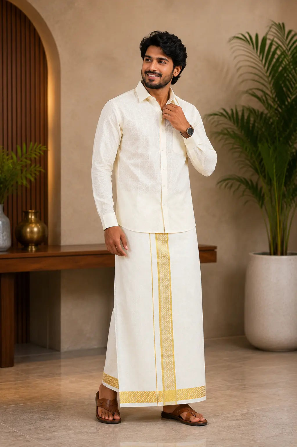 Royal Gold Tissue Matching Set (Shirt & Dhoti) Premium Ethnic Collection : Jacquard Matrix Pattern
