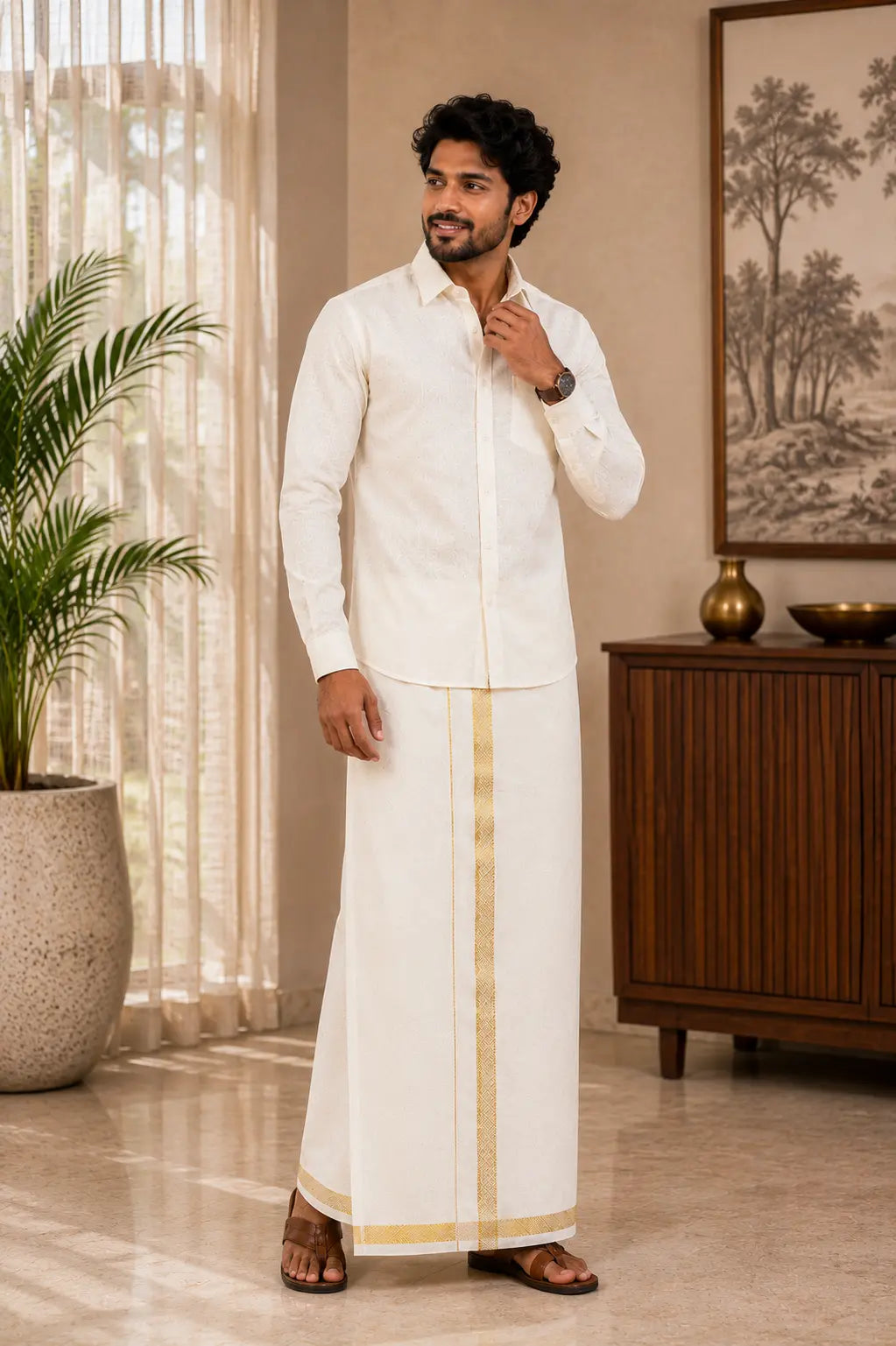 Royal Gold Tissue Matching Set (Shirt & Dhoti) Premium Ethnic Collection : Embossed Wave Pattern